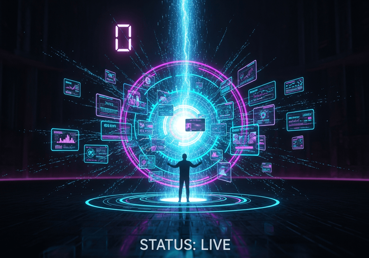 Cyberpunk activation node with a neon energy burst and a human silhouette