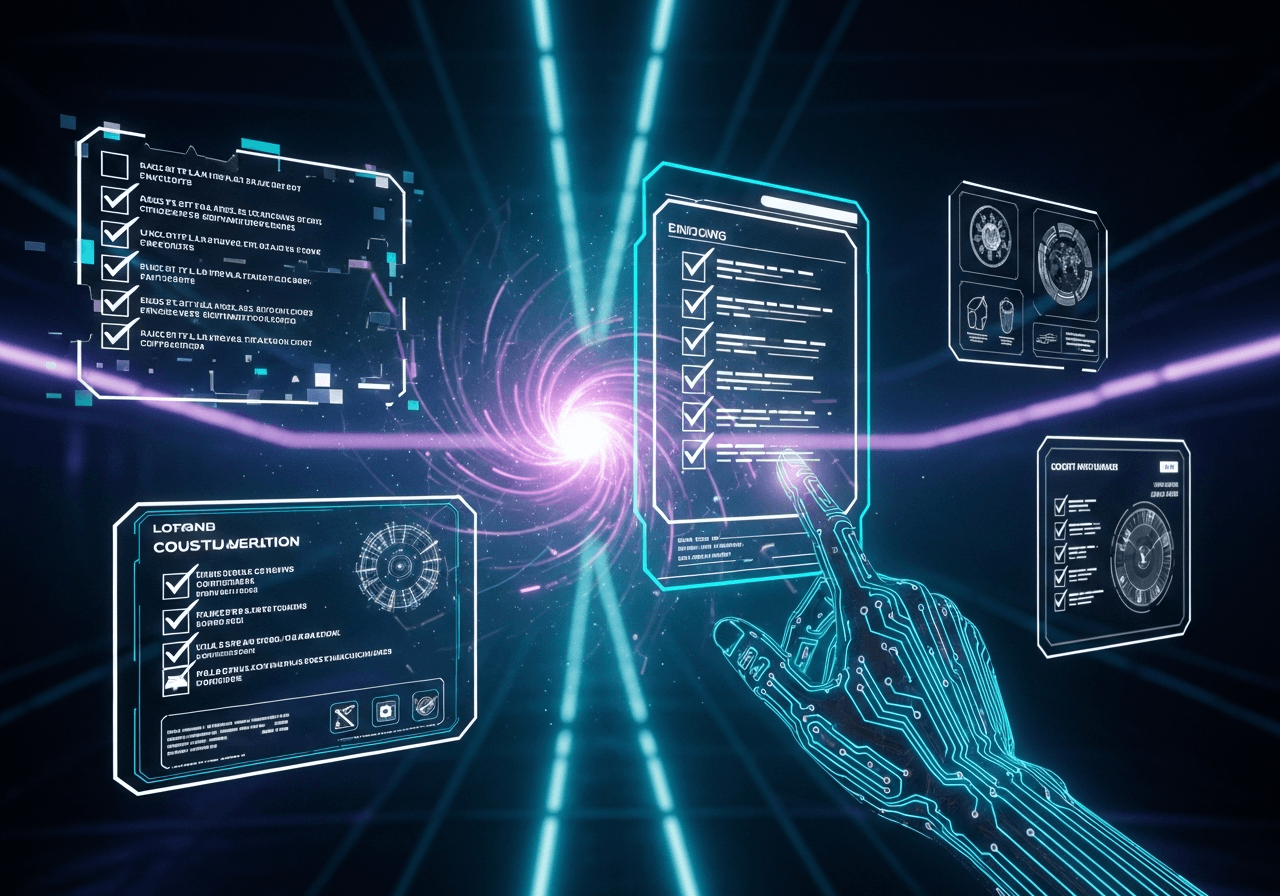 Cyberpunk mission-control command centre with holographic checklists