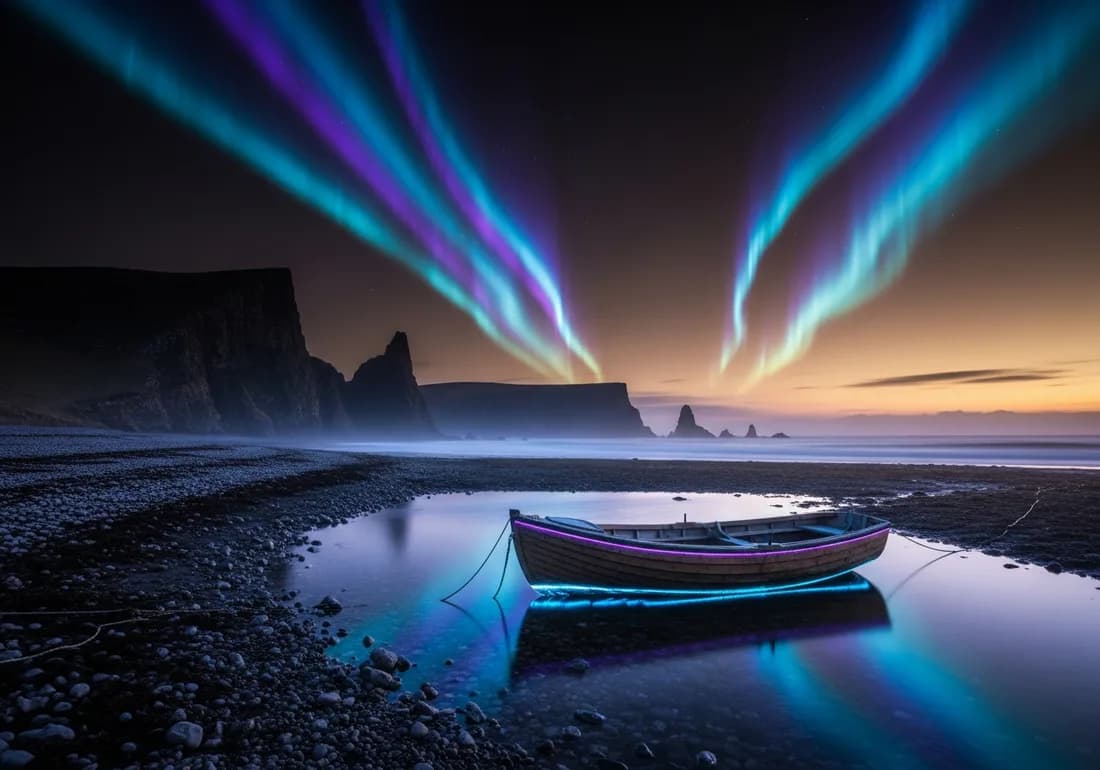 A windswept northern Scottish shoreline at dusk with sea cliffs, a moored boat and aurora ribbons over Scapa Flow