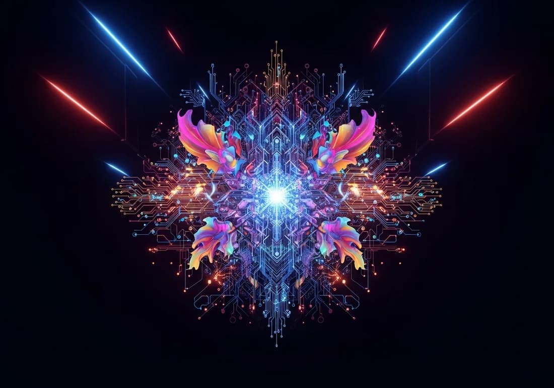A symmetrical neon emblem weaving technical circuitry with artistic brush strokes, representing a multidisciplinary maker
