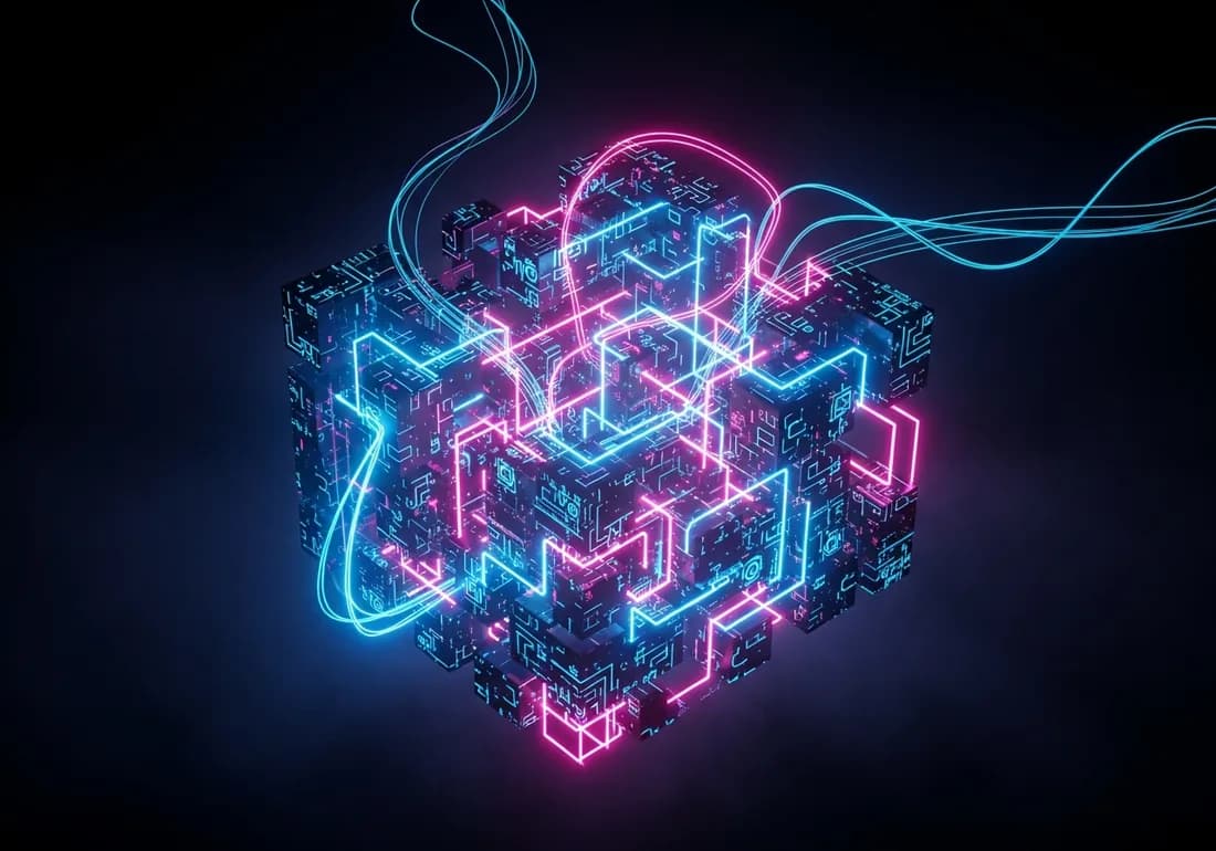 A glowing puzzle-cube of interlocking neon circuitry assembling itself in dark space, evoking self-taught curiosity