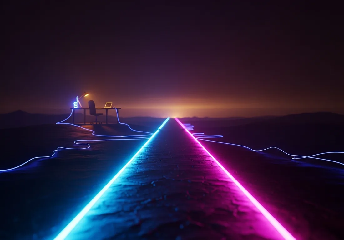 A single illuminated neon path stretching toward a distant horizon past a lone lit workstation, evoking independent self-direction