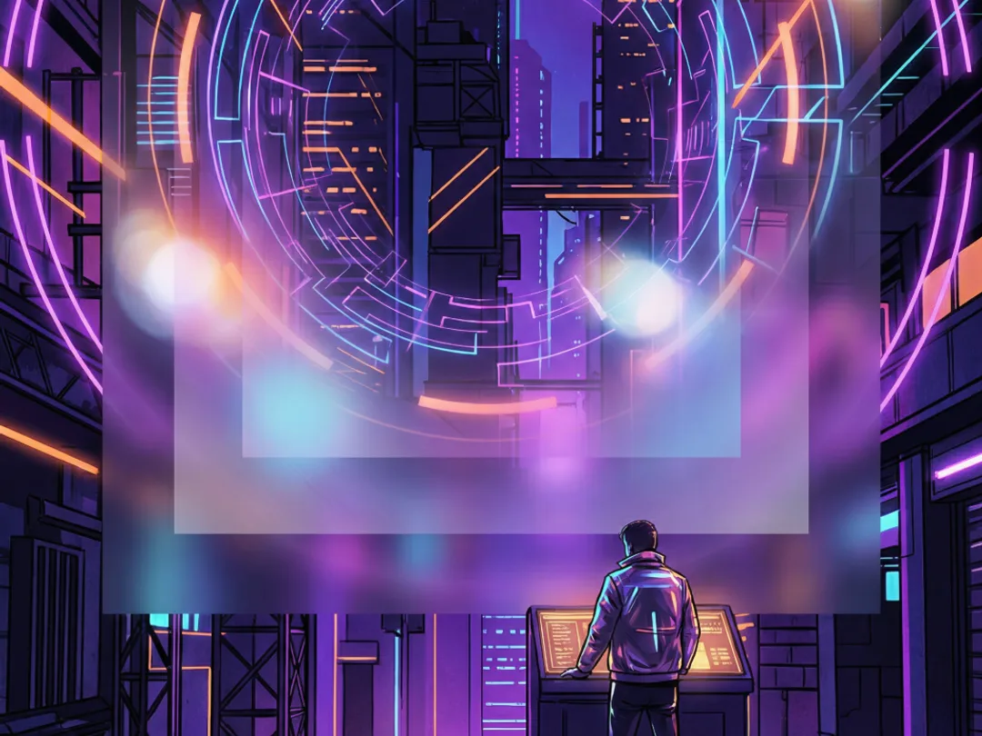 Figure at a glowing console beneath a circular neon gate in a cyberpunk city