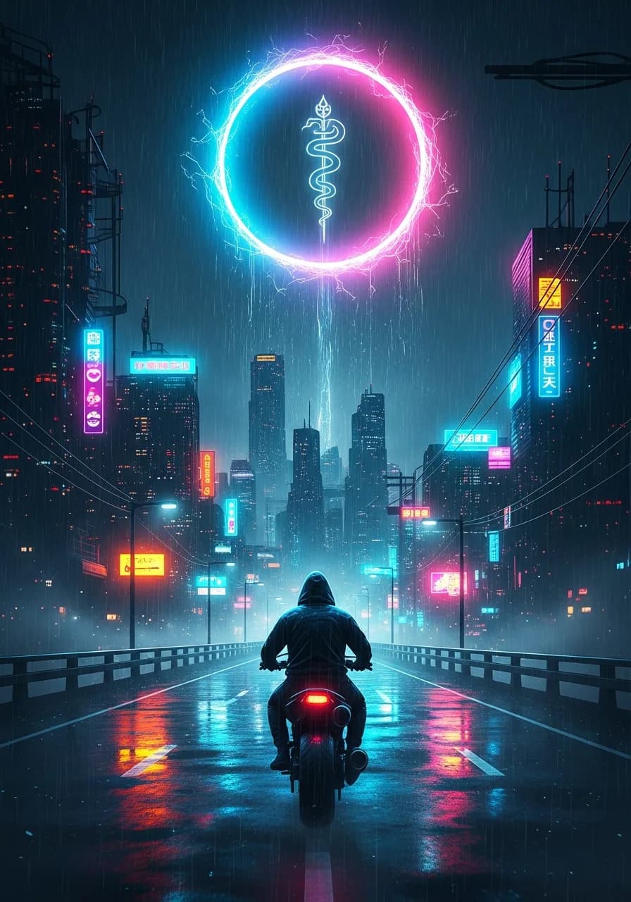 Cover art: a lone rider on a neon-lit road beneath a fractured near-future skyline