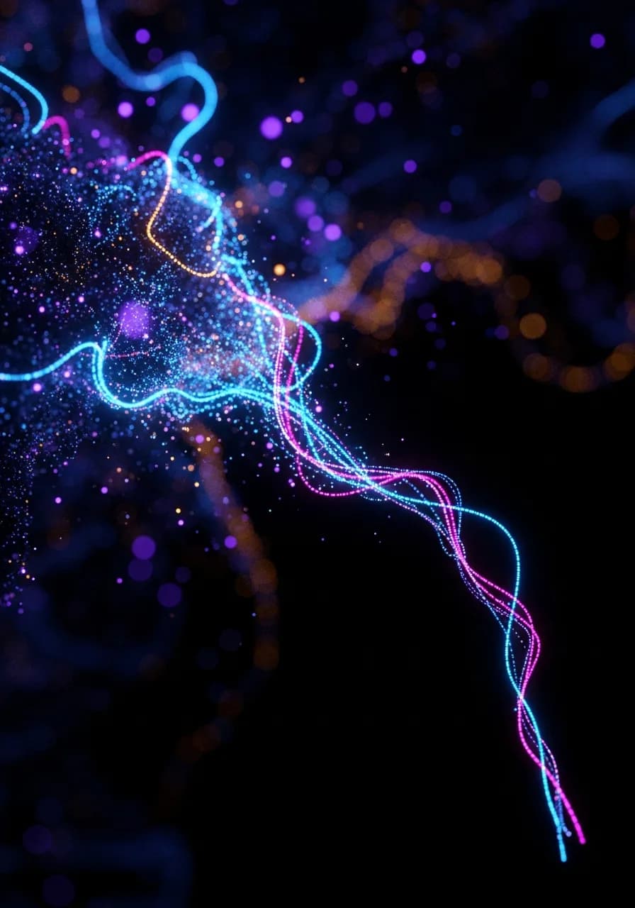 Abstract flowing code and map data dissolving into glowing neon threads