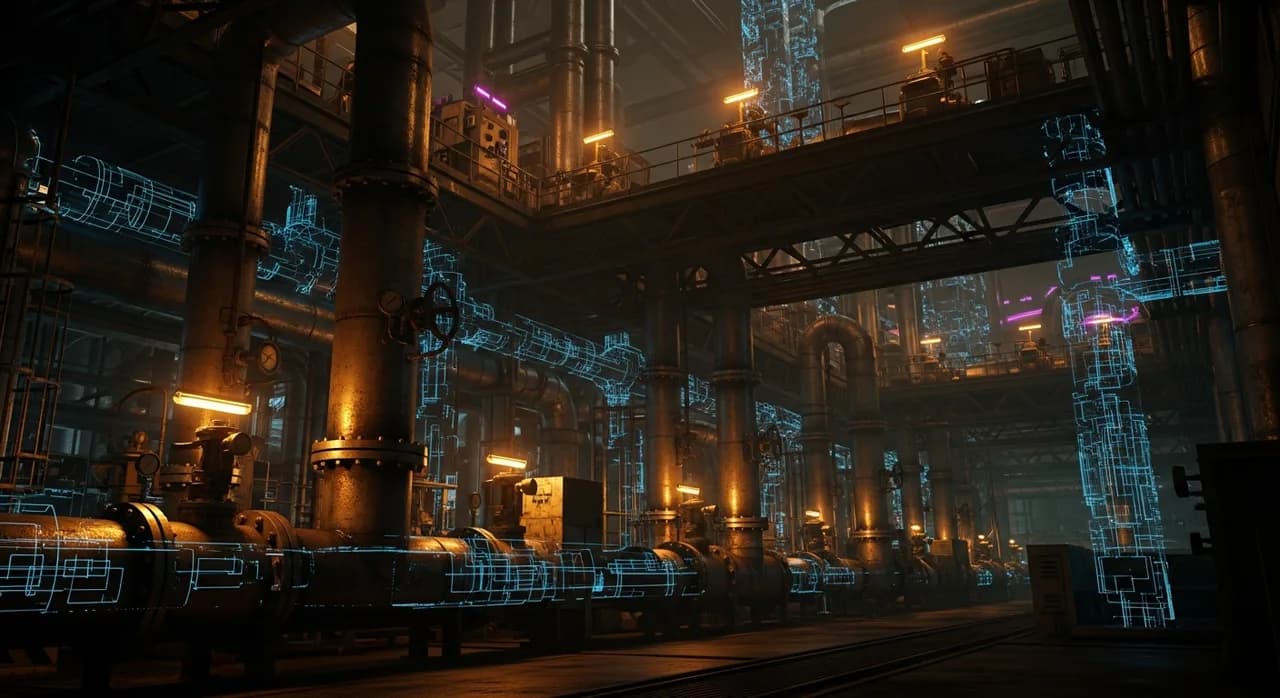 Interior of an industrial plant with pipework lit by amber light and blue schematic lines