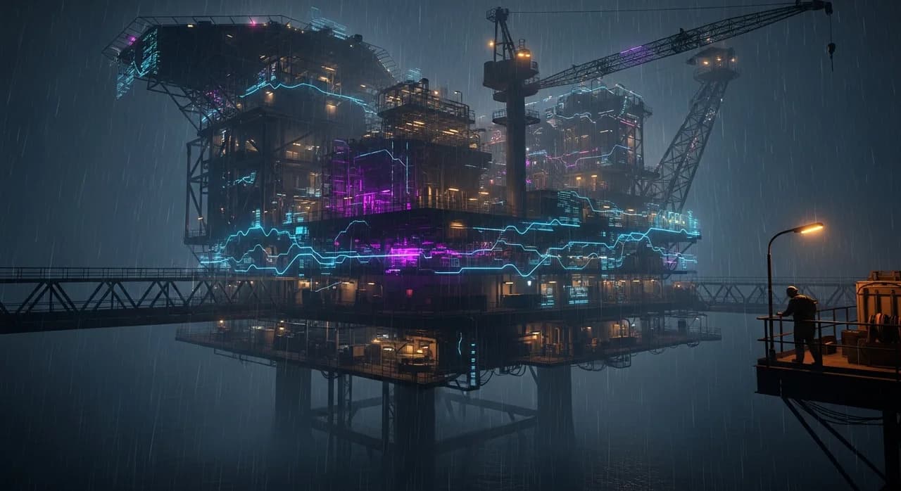 Offshore production platform at night, lit by floodlights and faint blue data overlays