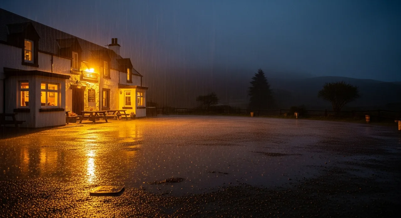 A remote Highland pub glowing warm in the rain at night