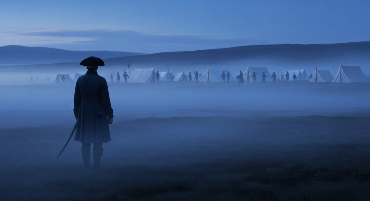 A lone figure on a misty Highland moor at dawn before an 18th-century army camp