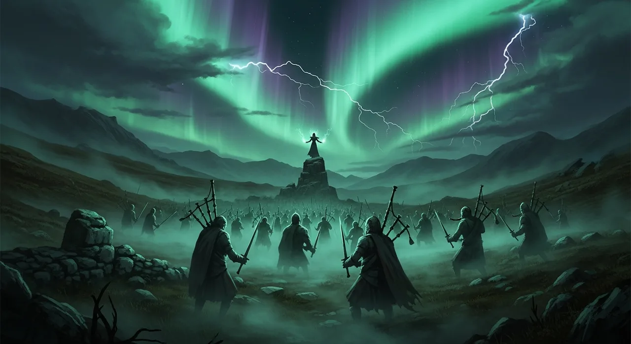 A sorceress and a spectral Highland army rising under a stormy green aurora